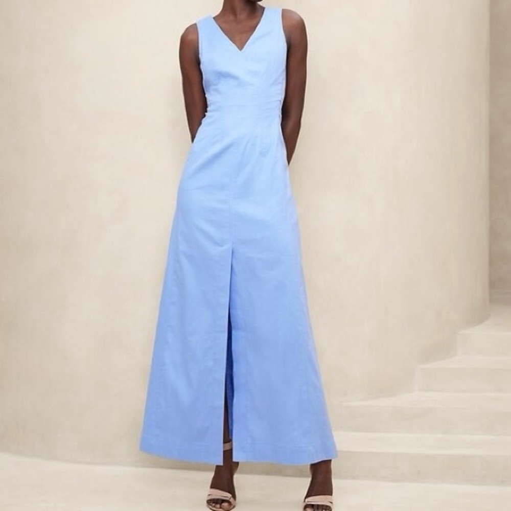 Banana Republic Light Blue LINEN-BLEND SEAM SLEEVELESS BODICE MAXI DRESS sz 0 XS